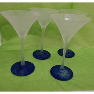 Four frosted grey geese vodka martini glasses cobalt blue bases 7.5" tall